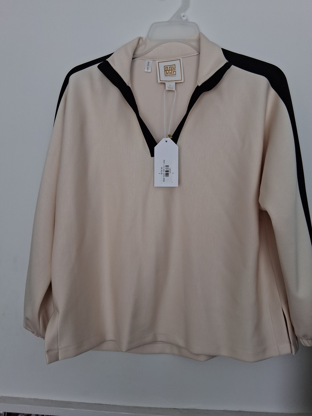 Cream Long Sleeve Polo Top with Black Trim by Maje